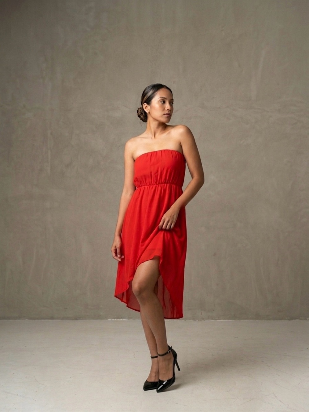 Vibrant Strapless Red High-Low Dress